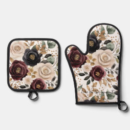 Bourgogne Cream Black Floral Ovenwant & Pannenlap Set