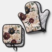 Bourgogne Cream Black Floral Ovenwant & Pannenlap Set (Voorkant / Achterkant)