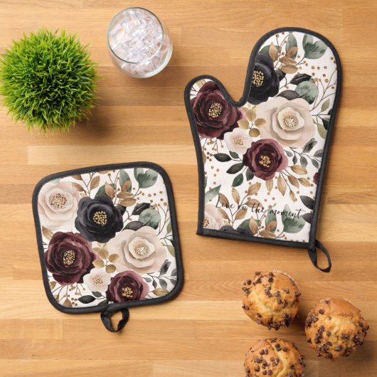Bourgogne Cream Black Floral Ovenwant & Pannenlap Set (Top down)