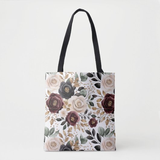 Bourgogne Cream Black Floral Tote Bag (Voorkant)