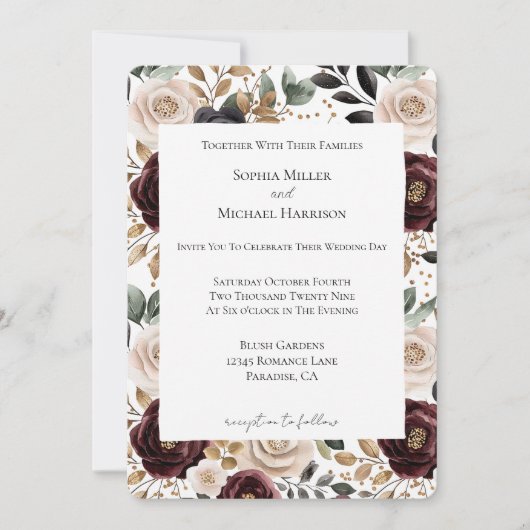 Bourgogne Cream Bloemen bruiloft Kaart (Voorkant)