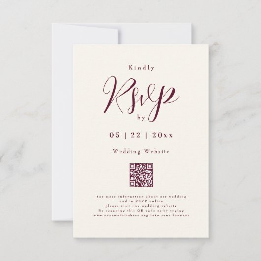 Bourgogne Cream Elegant Script QR Code Wedding RSVP Kaartje (Voorkant)