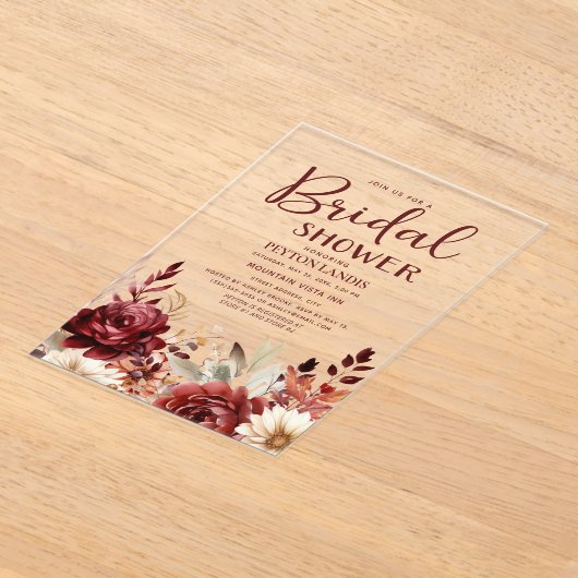 Bourgogne Cream Floral Vrijgezellenfeest Acryl Uitnodigingen (Laagn)