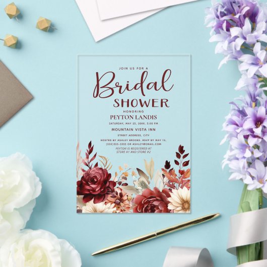 Bourgogne Cream Floral Vrijgezellenfeest Acryl Uitnodigingen (Insitu (Huwelijk))