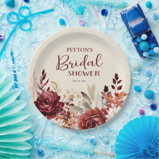 Bourgogne Cream Floral Vrijgezellenfeest Papieren Bordje (Feest)