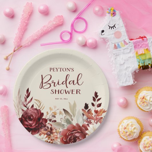 Bourgogne Cream Floral Vrijgezellenfeest Papieren Bordje (Feest)