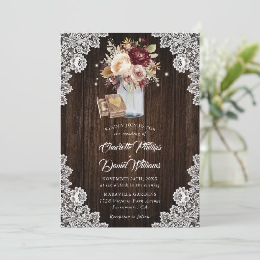 Bourgogne Cream Mauve Rustiek Hout Bloemen Bruilof Kaart (Staand voorkant)