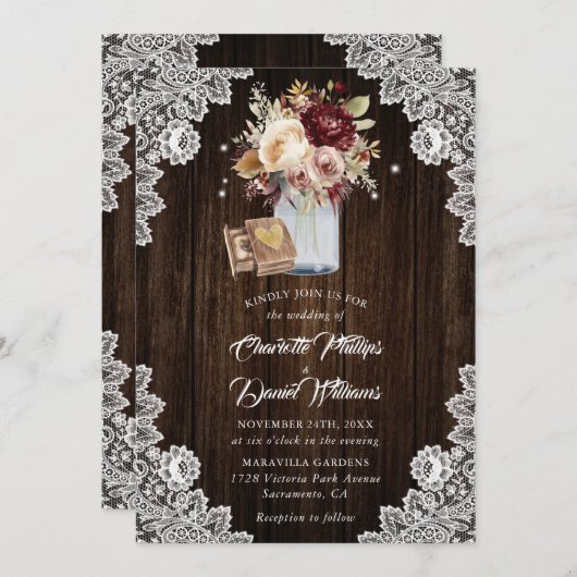 Bourgogne Cream Mauve Rustiek Hout Bloemen Bruilof Kaart (Voorkant / Achterkant)