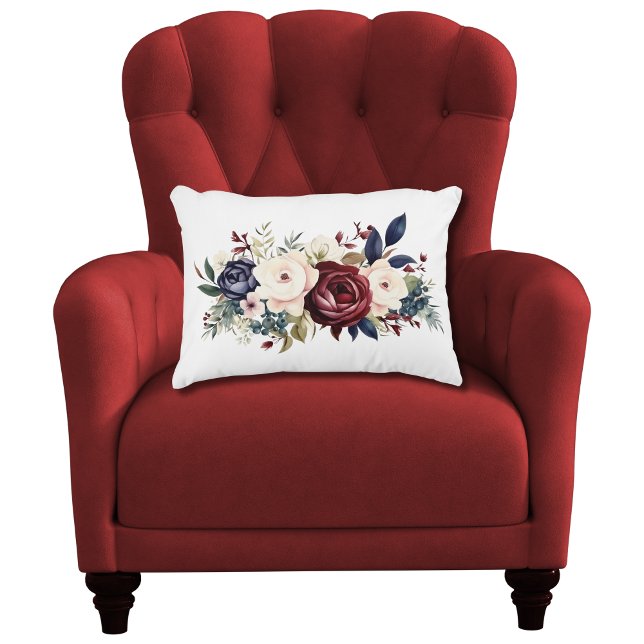 Bourgogne Cream Navy Blue Bloemen Waterverf Slaapk Accent Kussen (Burgundy Cream Navy Blue Watercolor Floral Lumbar Accent Pillow for Bedroom Living room)