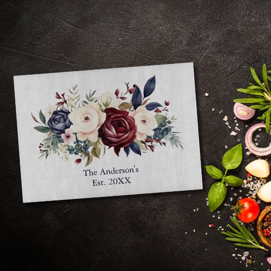 Bourgogne Cream Navy Blue Bloemen Waterverf Snijplank