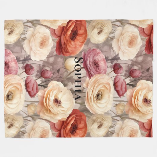 Bourgogne Cream Spring Flowers Fleece Deken (Voorkant (Horizontaal))