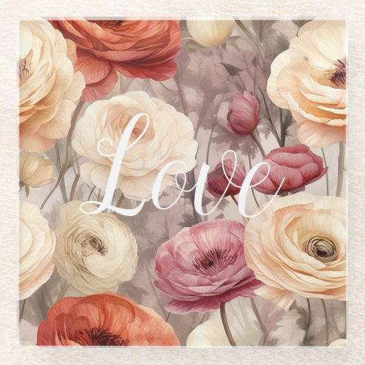 Bourgogne Cream Spring Flowers Love Glazen Onderzetter (Voorkant)