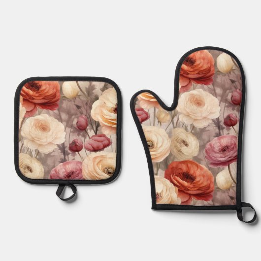 Bourgogne Cream Spring Flowers Vrijgezellenfeest Ovenwant & Pannenlap Set (Voorkant)