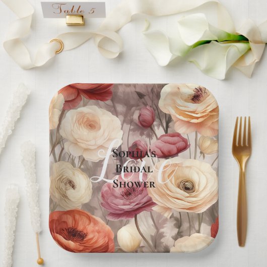 Bourgogne Cream Spring Flowers Vrijgezellenfeest Papieren Bordje (Huwelijk)