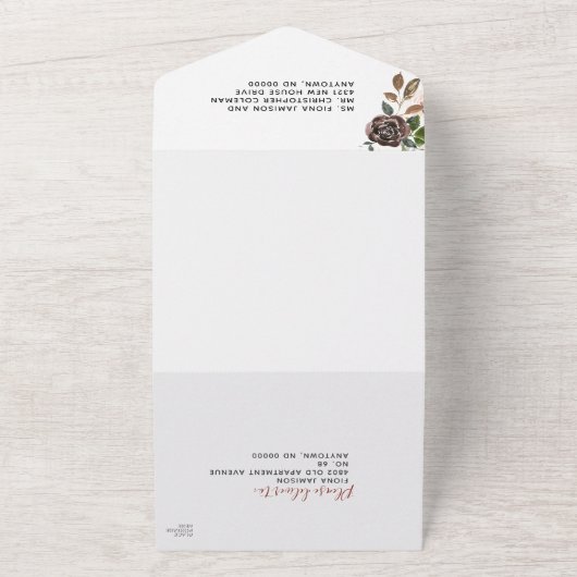 Bourgogne Cream Stoffig Roze Rose Bloemen Bruiloft All In One Uitnodiging (Buitenkant)