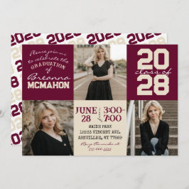 Bourgogne & Cream Tan 3 Foto Afstuderen Uitnodigin Kaart