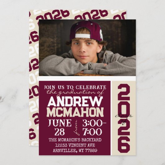 Bourgogne & Cream Tan Afstuderen Fotouitnodiging Kaart (Voorkant / Achterkant)