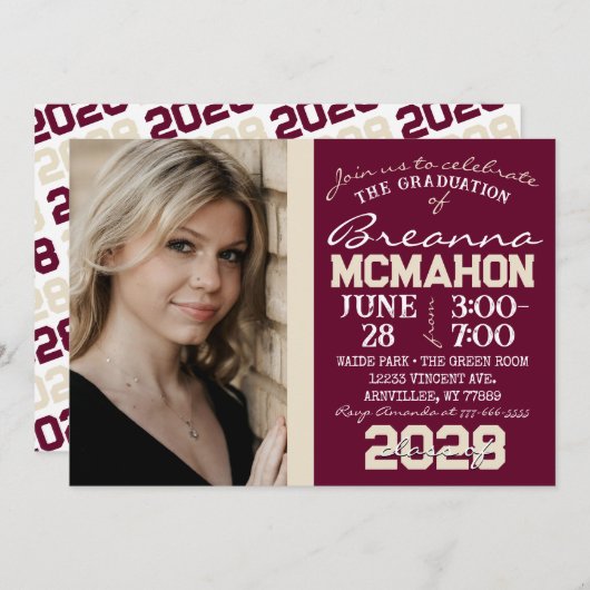 Bourgogne & Cream Tan Afstuderen Fotouitnodiging Kaart (Voorkant / Achterkant)
