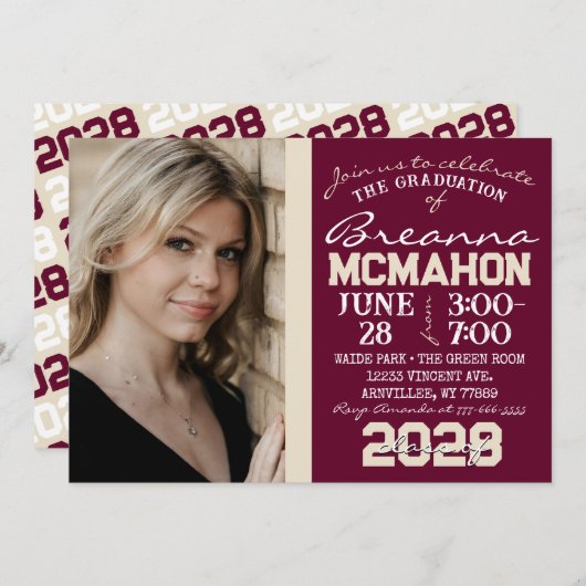 Bourgogne & Cream Tan Afstuderen Fotouitnodiging Kaart (Voorkant / Achterkant)