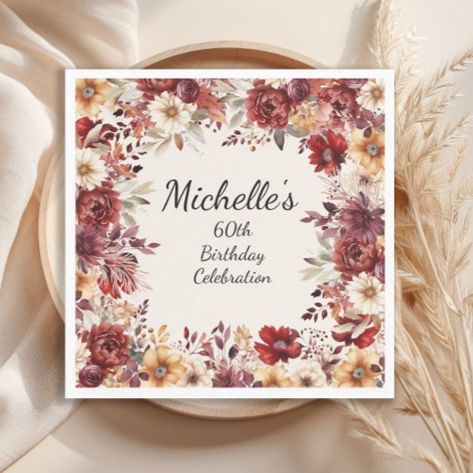 Bourgogne Cream Waterverf Bloemen 60e Verjaardag Servet
