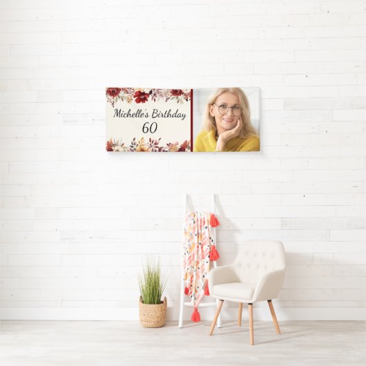 Bourgogne Cream Waterverf Bloemen 60e Verjaardag Spandoek (Insitu)