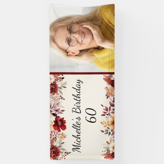 Bourgogne Cream Waterverf Bloemen 60e Verjaardag Spandoek (Verticaal)