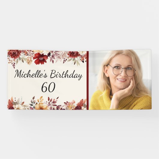 Bourgogne Cream Waterverf Bloemen 60e Verjaardag Spandoek (Horizontaal)