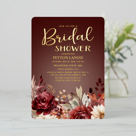 Bourgogne Cream Waterverf Floral Vrijgezellenfeest Folie Uitnodiging (Staand Voorkant)