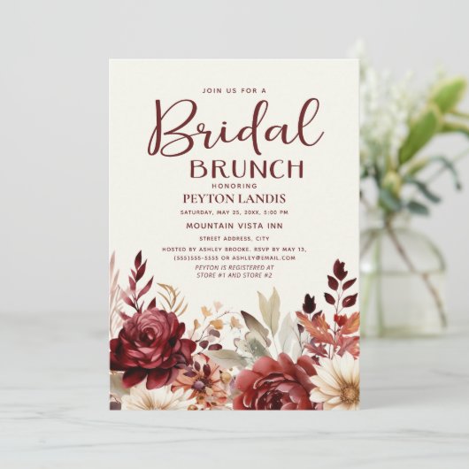 Bourgogne Crème Bloemen Bruids Brunch Kaart (Staand voorkant)