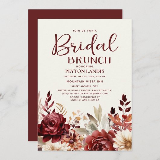 Bourgogne Crème Bloemen Bruids Brunch Kaart (Voorkant / Achterkant)