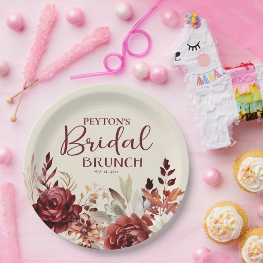 Bourgogne Crème Bloemen Bruids Brunch Papieren Bordje (Feest)