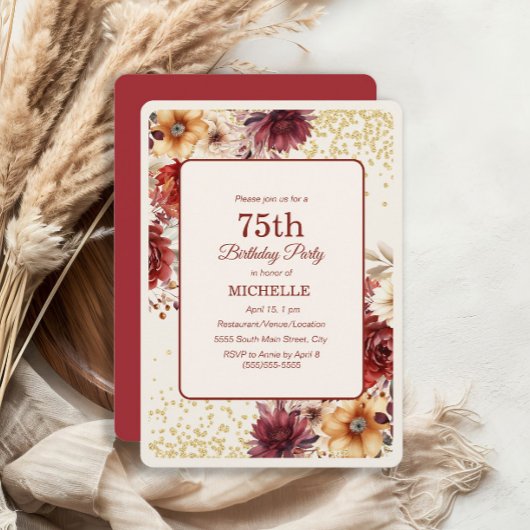 Bourgogne Crème Bloemen Goud Glitter 75e Verjaarda Kaart