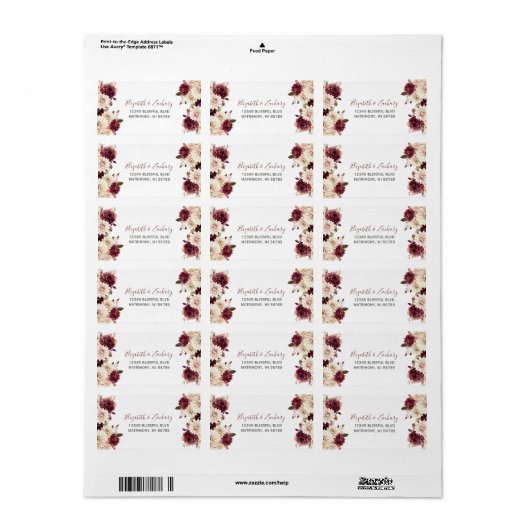 Bourgogne Crème Bloemen Huwelijk RSVP Adres Etiket (Full Sheet)