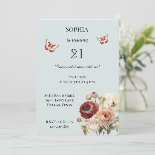 Bourgogne Crème Bloemen Verjaardag Kaart (Staand voorkant)