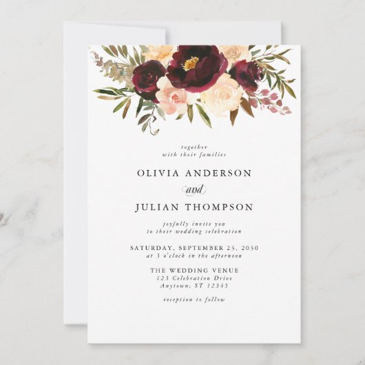 Bourgogne & Crème Bloemen Waterverf bruiloft Kaart (Voorkant)