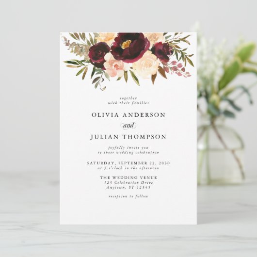 Bourgogne & Crème Bloemen Waterverf bruiloft Kaart (Staand voorkant)