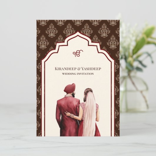 Bourgogne Crème Bruin Ikat Anand Karaj Sikh Bruilo Kaart (Staand voorkant)