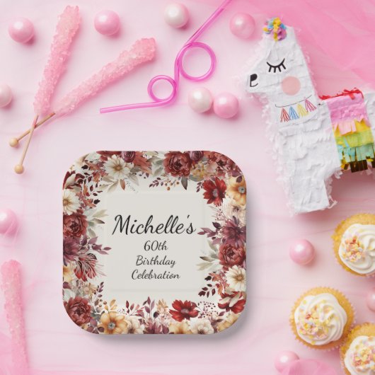 Bourgogne Crème Herfst Herfst Bloemen 60ste Verjaa Papieren Bordje (Feest)