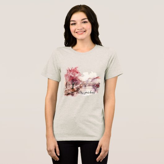Bourgogne Crème Roze Bomen Tri-Blend Shirt (Voorkant volledig)