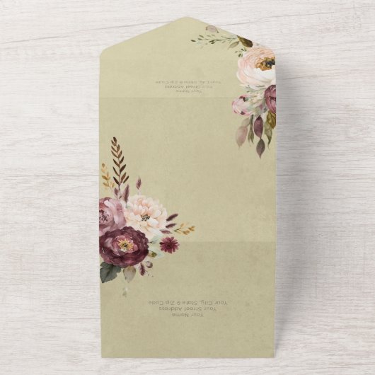 Bourgogne Crème & Roze Pioenen Roze Diner All In One Uitnodiging (Buitenkant)