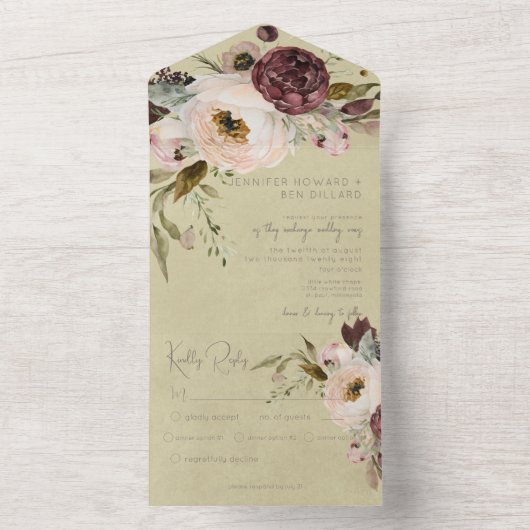 Bourgogne Crème & Roze  Pioenen Roze Diner All In One Uitnodiging (Binnen)