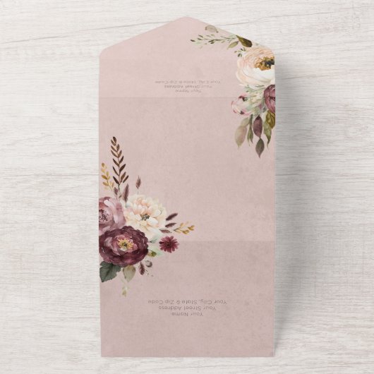 Bourgogne Crème & Roze  Pioenen Roze Diner All In One Uitnodiging (Buitenkant)