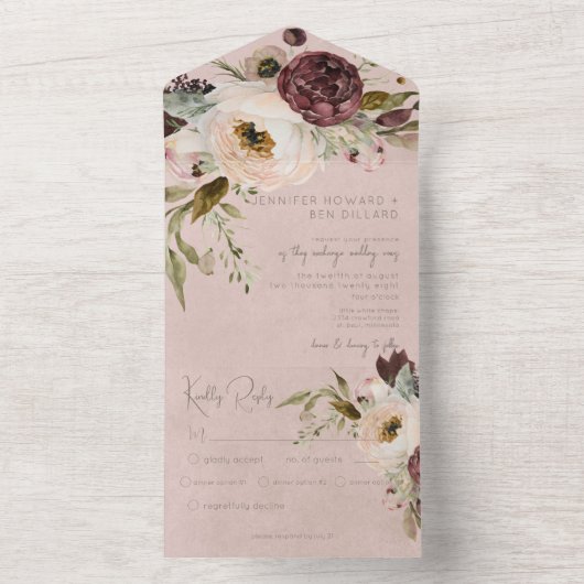 Bourgogne Crème & Roze  Pioenen Roze Diner All In One Uitnodiging (Binnen)