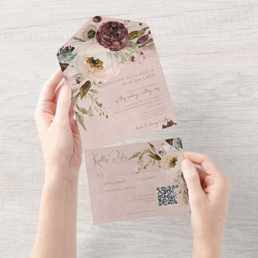 Bourgogne Crème & Roze  Pioenroze QR Code All In One Uitnodiging (Afscheurbaar)