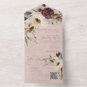 Bourgogne Crème & Roze  Pioenroze QR Code All In One Uitnodiging (Binnen)