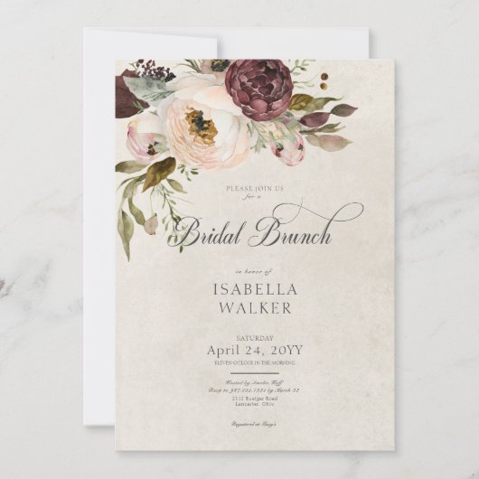Bourgogne Crème Roze  Pioenrozen Bridal Brunch Kaart (Voorkant)