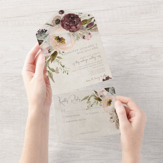 Bourgogne Crème & Roze  Pioenrozen Geen Diner All In One Uitnodiging (Afscheurbaar)