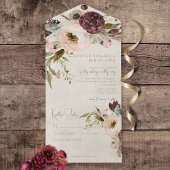 Bourgogne Crème & Roze  Pioenrozen Geen Diner All In One Uitnodiging