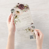 Bourgogne Crème & Roze  Pioenrozen QR Code All In One Uitnodiging (Afscheurbaar)