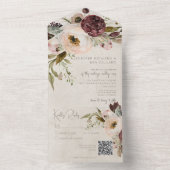 Bourgogne Crème & Roze  Pioenrozen QR Code All In One Uitnodiging (Binnen)
